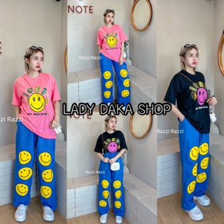 🧡LADY DAKA SHOP🧡ชุดยิ้ม สดใส น่ารัก เซ็ท2ชิ้น เสื้อรูปยิ้ม+กางเกงยีนส์ขายาวลายยิ้ม