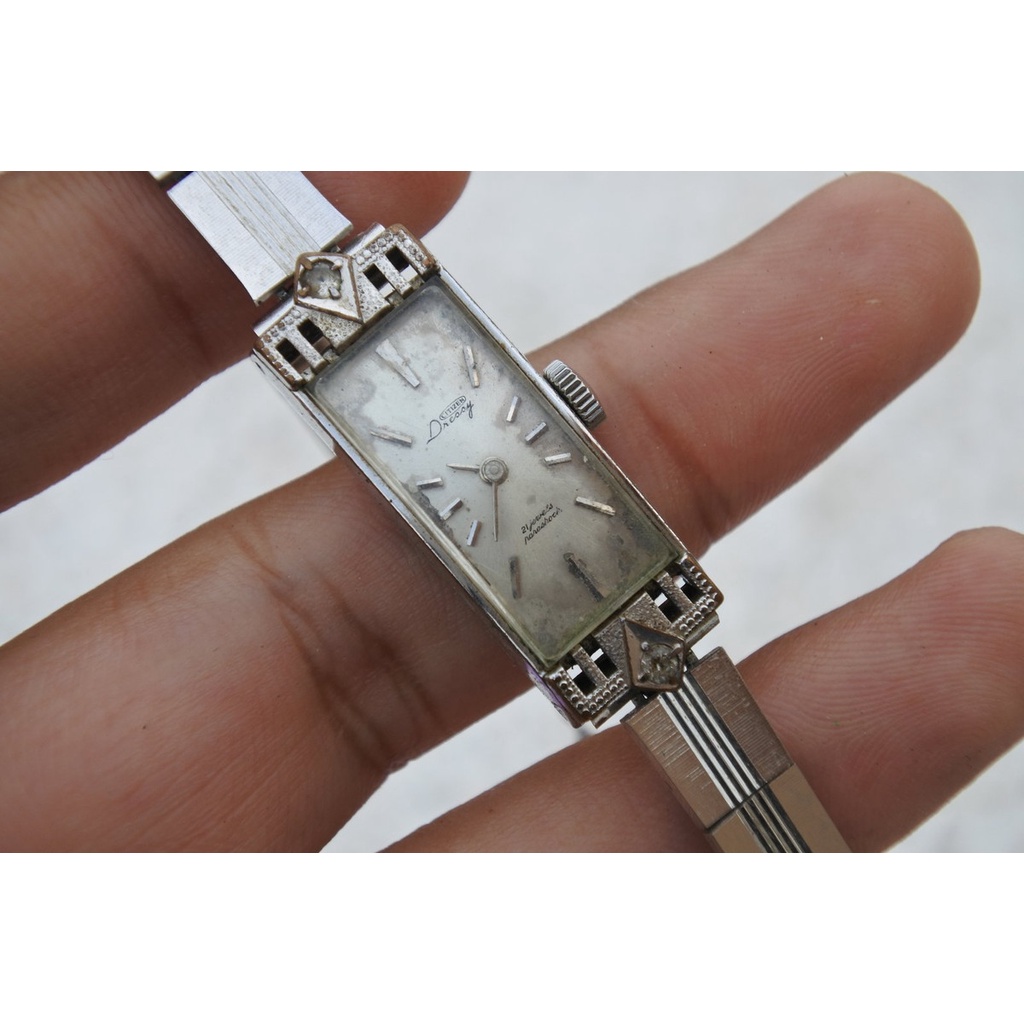 นาฬิกา Vintage มือสองญี่ปุ่น CITIZEN ชุบทอง ระบบ ไขลาน ผู้หญิง ทรงสี่เหลี่ยม กรอบเงิน หน้าโอปอลแท้ หน้าปัด 15มม