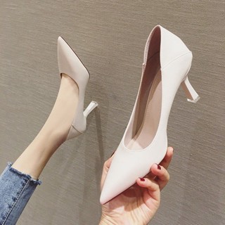 🔥👠รองเท้าผู้หญิง🔥👠ใหม่สีดําแฟชั่นรุ่นเกาหลีฤดูร้อนกริชมืออาชีพที่เรียบง่ายชี้นิ้วเท้าส้นเท้าที่สะดวกสบาย