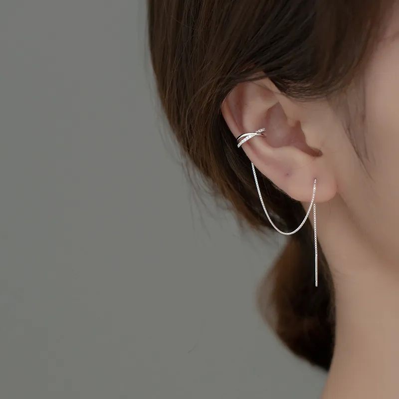X ต่างหูหนีบมินิมอล มีโซ่คล้อง • Crystal Chain Ear Cuff ราคา ถูกที่สุด ดีลบีเคเค แกลเลอรีภาพที่ 3