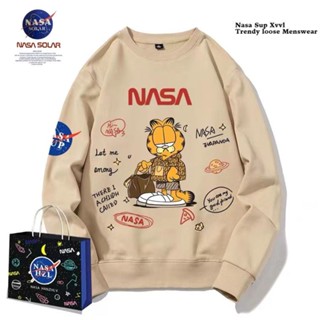 NASAแบรนด์ร่วม Garfield เสื้อสเวตเตอร์คอตตอนแท้คอกลมผู้ชายบุขนกำมะหยี่หนาพิเศษฤดูใบไม้ร่วงและฤดูหนาวเสื้อโค้ทคู่ทรงหลวมแ