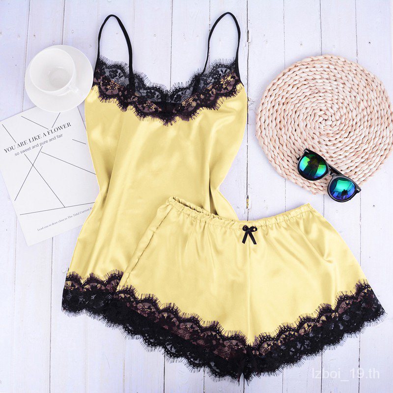 ชุดนอน เสื้อสายเดี่ยว พร้อมกางเกง ขาสั้น ประดับลูกไม้ สำหรับสตรี Women’s pajamas 【LittleStar19】 ราคา ถูกที่สุด ดีลบีเคเค แกลเลอรีภาพที่ 6