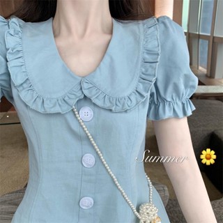 พร้อมส่ง👗S-L ชุดเดรสทรงเอเอวสูงคอตุ๊กตาสไตล์ฝรั่งเศสเรียบง่าย