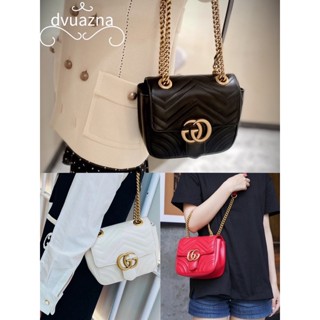 แบรนด์ใหม่ 100% ของแท้ GUCCI GG Marmont สไตล์ใหม่ควิลท์กระเป๋าสี่เหลี่ยมขนาดเล็กกระเป๋าสะพายเดี่ยว