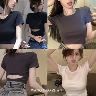 WANG JIAO ZHAN เสื้อครอปท็อปแขนสั้น เปิดหลังเซ็กซี่ สีพื้น แฟชั่นสําหรับเด็กผู้หญิง