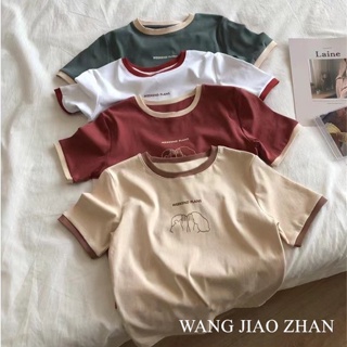 WANG JIAO ZHAN ใหม่ เสื้อยืด แขนสั้น แบบเข้ารูป สีพื้น แฟชั่นสไตล์เกาหลี