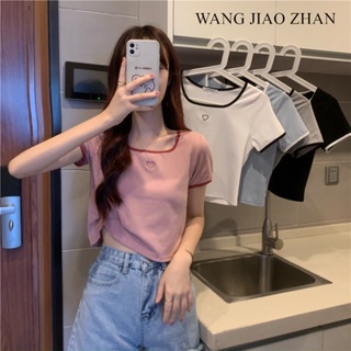 WANG JIAO ZHAN เสื้อยืดแฟชั่น แขนสั้น ปักลายหัวใจ สไตล์เกาหลี