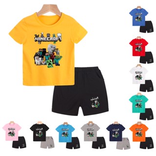 **พร้อมส่ง** เสื้อยืดแขนสั้นผ้าฝ้ายพิมพ์ลายการ์ตูน Lego Minecraft กางเกงขาสั้นสําหรับเด็ก