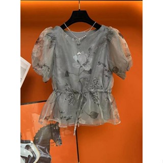 💞ขายใหญ่💞ดีไซเนอร์เสื้อผ้าสตรีเฉพาะผ้าออแกนซ่าหวานฝรั่งเศสประกบกระโปรงท่อนบน กระโปรง เสื้อตัวเล็ก เสื้อเชิ้ตสีเทาพิมพ์