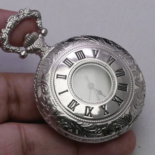 นาฬิกา Vintage มือสองญี่ปุ่น Pocket Watch นาฬิกาพกระบบQUARTZทรงกลม กรอบเงิน หน้าขาว หน้าปัด 46มม