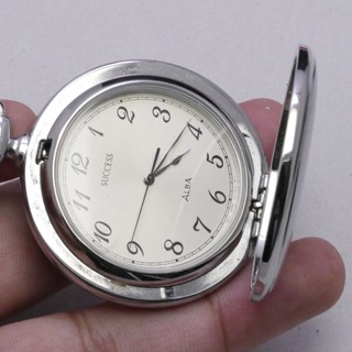 นาฬิกา Vintage มือสองญี่ปุ่น Pocket Watch นาฬิกาพกSUCCESS ALBA V701 0A20 พร้อมโซ่ ทรงกลม กรอบเงิน หน้าขาว หน้าปัด 44มม