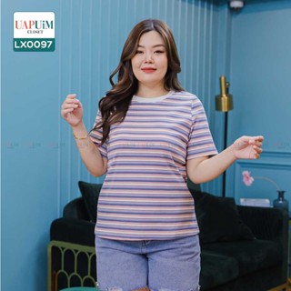 (LX0097) เสื้อแขนสั้น สาวอวบ เสื้อยืดคอกลม แขนสั้น ลายขวางทั้งตัว