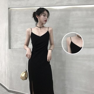 Womens Camisole French-Style Slimming Dress2023New Summer Retro Slit Inner Wear Base Little Black Dress