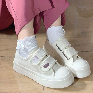 [พร้อมส่ง] รองเท้าผ้าใบ Velcro พื้นหนา สีขาว สําหรับผู้หญิง 2023