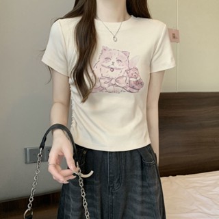 Suyan เสื้อยืดแขนสั้น พิมพ์ลายคิตตี้น่ารัก สไตล์เกาหลี สําหรับผู้หญิง