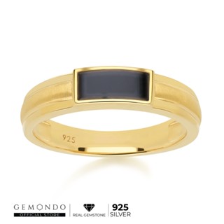 Gemondo แหวนเงินแท้ 925 Sterling Silver ชุบทอง 18K ประดับนิลดำ (Black Onyx) ทรงสี่เหลี่ยมผืนผ้า ทรงปลอกมีดพ่นทรายขอบเงา