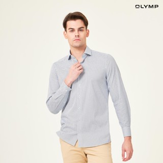 OLYMP GREEN CHOICE Level Five Shirt เสื้อเชิ้ตชายรักษ์โลก สีฟ้า ลายกราฟฟิก ทรงพอดีตัว ยืดหยุ่นได้ดี รีดง่าย