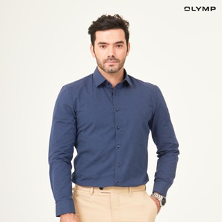 OLYMP No. Six Shirt เสื้อเชิ้ตสีกรมท่า ลายจุดสีขาว ทรงเข้ารูป ยืดหยุ่นได้ดี รีดง่าย เสื้อเชิ้ตชาย