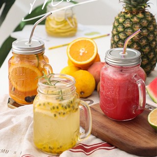 ขวดแก้ว#⊕✧►[Cup Brush for Collection] Rooster Cup Glass Straw Cup Cold Drink Cup with Lid Mason Cup Beverage Juice Handl