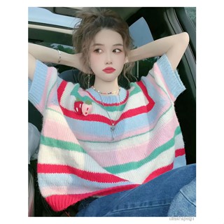 เสื้อกันหนาว เสื้อสเวตเตอร์แขนสั้น oversize สไตล์ขี้เกียจ เสื้อสเวตเตอร์ลายทางสีรุ้งทรงหลวมด้านบนสั้นเพื่อปกปิดหน้าท้อง