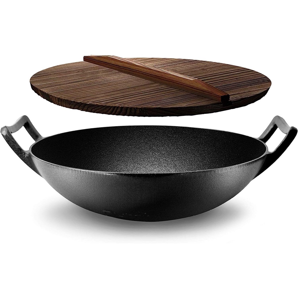 Pre-Seasoned Cast Pan-36cm  Heavy Duty Non-Stick Iron Chinese Wok or Stir Fry Skillet w/Wooden Lid, for Electric Stove T