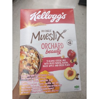 Kelloggs Mueslix Orchard ธัญพืชผสมลูกเกด มะละกอ แอปเปิ้ลและพีช 355กรัม