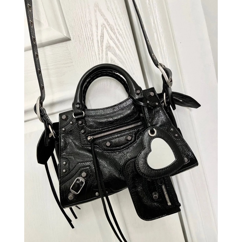 Balenciaga [Original Leather] Balenciag Motorcycle Bag * Neo Classic XS Black Silver Trapezoidal Design Handbag Matte Te