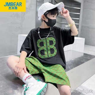 ۩✌۞Jamie Bear Boys Summer Suit 2023 New Style Fried Street Ruffian Handsome เด็กผู้ชายขนาดกลางสไตล์ตะวันตกแขนสั้นเด็กผู้