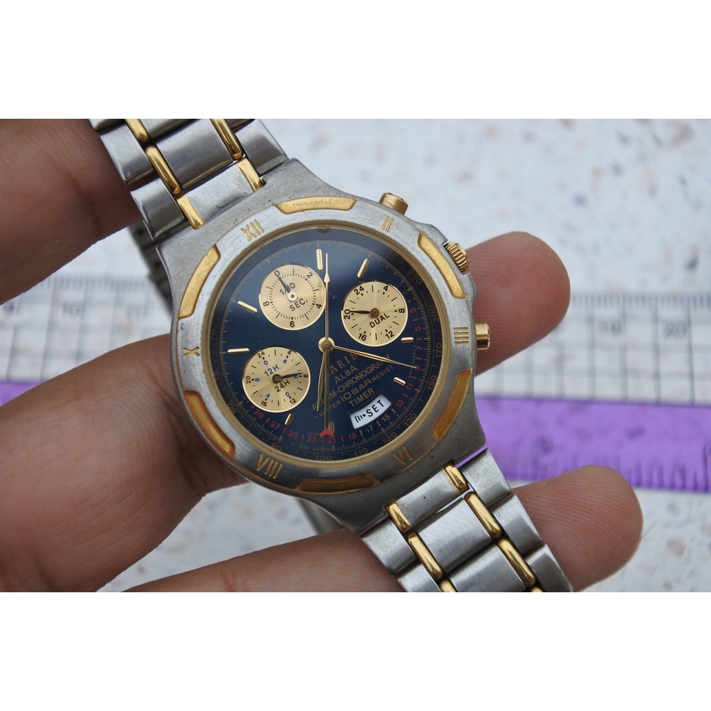 นาฬิกา Vintage มือสองญี่ปุ่น ALBA CARIB N944 6A40 ระบบ QUARTZ ผู้ชาย ทรงกลม หน้าดำ หน้าปัด 38มม
