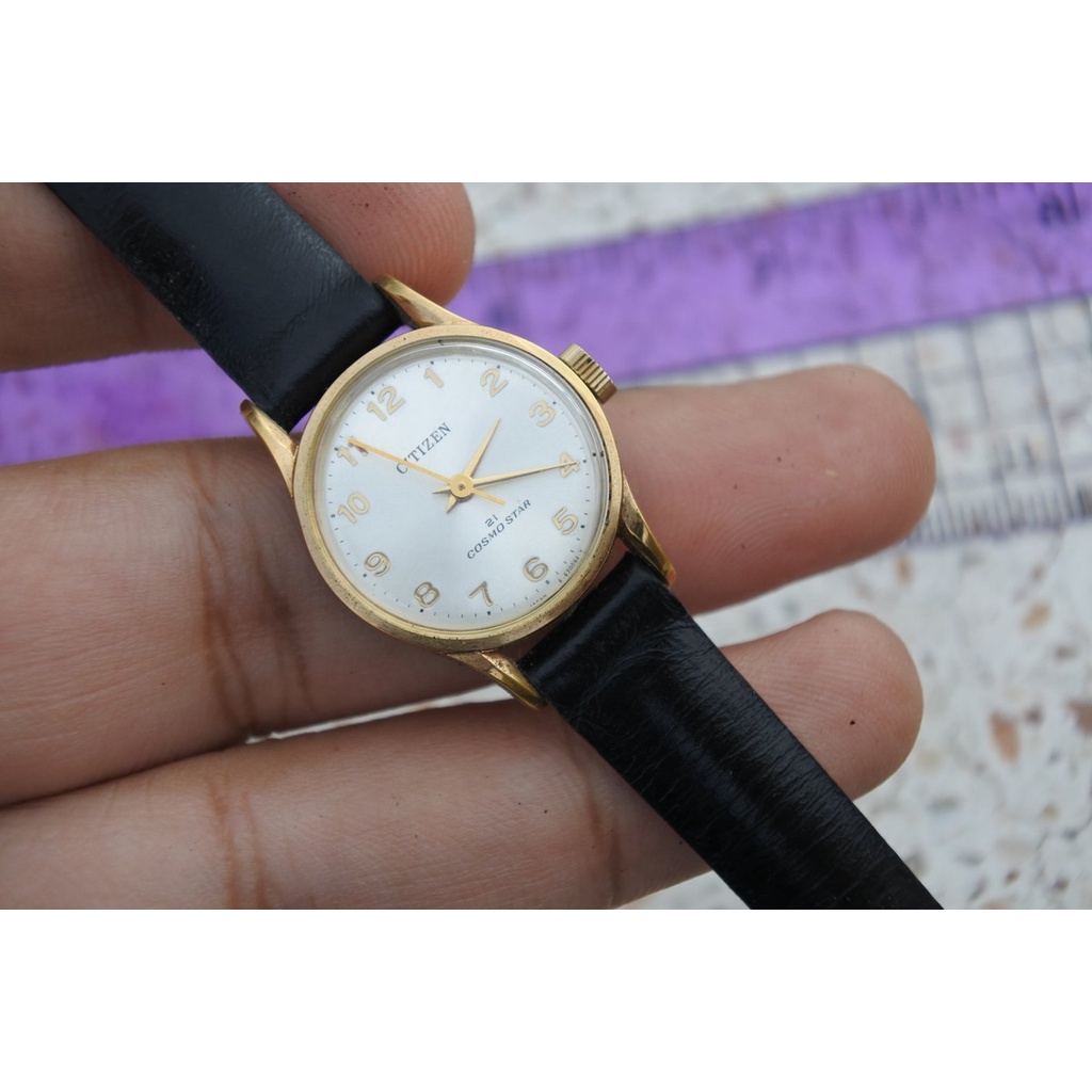 นาฬิกา Vintage มือสองญี่ปุ่น CITIZEN COSMOSTAR ชุบทอง ระบบ ไขลาน ผู้หญิง ทรงกลม กรอบทอง หน้าขาว หน้าปัด 23มม