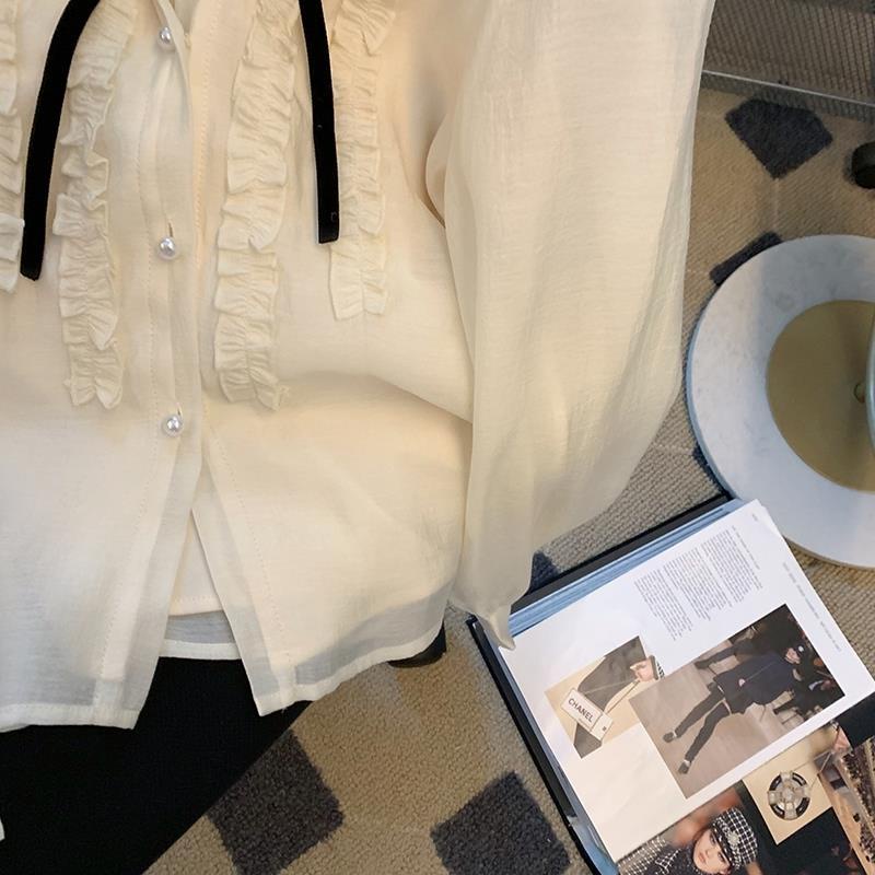 พร้อมส่ง✨เสื้อแฟชั่นเกาหลี ผ้าชีฟอง โบว์ผูกโบว์ สวยหรู แขนยาว แต่งระบาย - รูปที่ 4