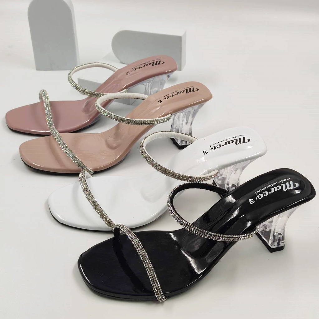 รองเท้าส้นแก้ว แบรนด์ Marco รุ่น B1021 รองเท้าส้นแก้วสูง 2 นิ้ว ดีไซน์สายคาดหน้าประดับเลื่อมเพชร