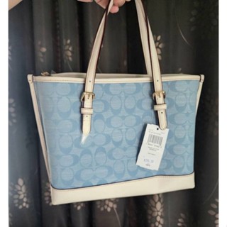 💙💙กระเป๋าสะพาย ผ้าทอ สีฟ้า NEW Coach CA142 Mollie tote25 มอลลี่ผ้าลาย C บุแข็ง ขอบหนังขาว