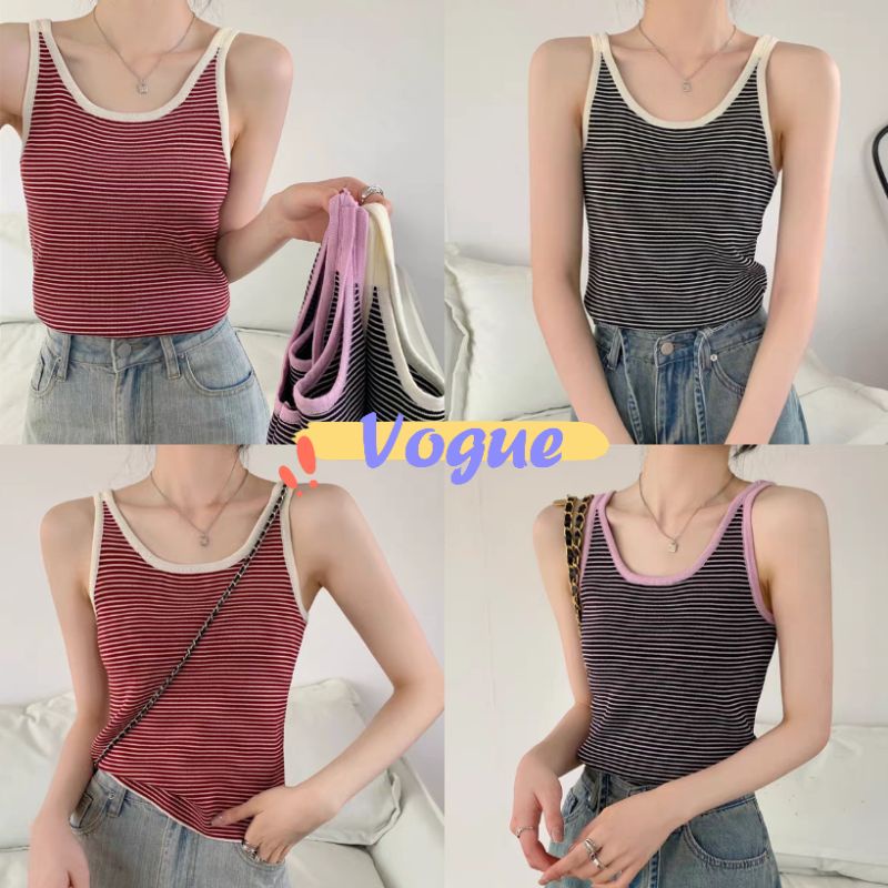 Vogue พร้อมส่ง เสื้อกล้ามไหมพรม เสื้อสายเดี่ยวไหมพรม ลายทางผ้านิ่ม (7673) -C -N