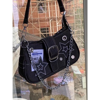 🍠stop🍠2023 New Star Denim Underarm Bag Retro Button English Poster Chain Bag