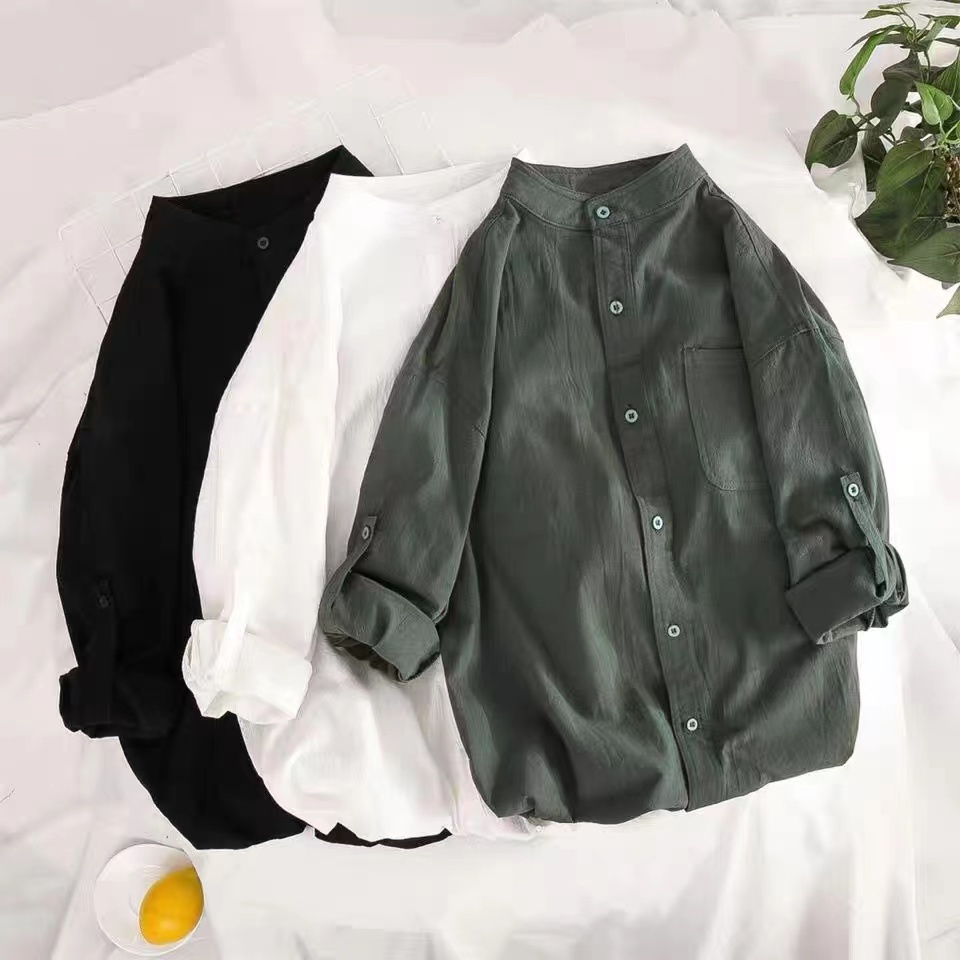 ☑✔♘เสื้อเชิ้ตคอจีนผ้าฝ้าย แขนยาวผู้ชายสีพื้น เนื้อผ้าบางสวมใส่สบาย ทันสมัยตามเทรนด์สไตล์หนุ่มจีน