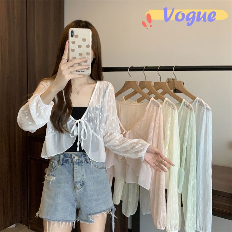 Vogue พร้อมส่ง  เสื้อคลุมถักไหมพรม แขนยาว ผ้าซีทรูลวดลายลูกไม้เบาบาง (95141) -C