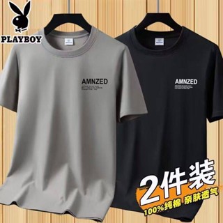 น้ําหอม แมส รองเท้า PLAYBOY เสื้อยืดแขนสั้นผ้าฝ้าย100% สำหรับฤดูร้อนเสื้อยืดแขนสั้นคอกลมครึ่งแขนเสื้อ T ลำลองบาง