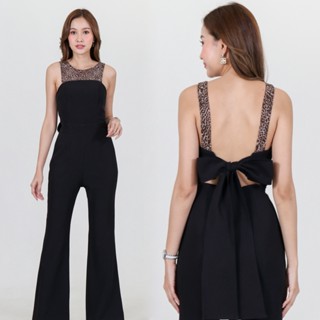 Ramsita Bellaze Jumpsuit Black จั๊มสูทขายาว ผูกโบว์ด้านหลัง สีดำตัดต่อผ้าลายเสือ