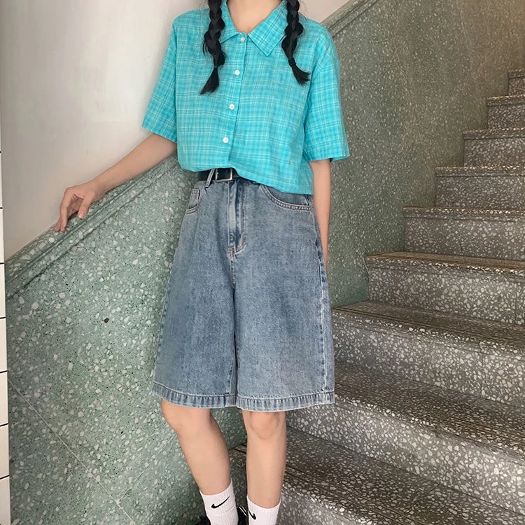 กางเกงยีนส์ขาสั้นผู้หญิง เอวสูง ผ้ายีนส์ ใส่สบาย แมทง่าย สไตล์เกาหลี S-4XL เก็บเงินปลายทาง