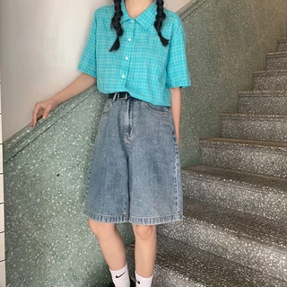 กางเกงยีนส์ขาสั้นผู้หญิง เอวสูง ผ้ายีนส์ ใส่สบาย แมทง่าย สไตล์เกาหลี S-4XL เก็บเงินปลายทาง
