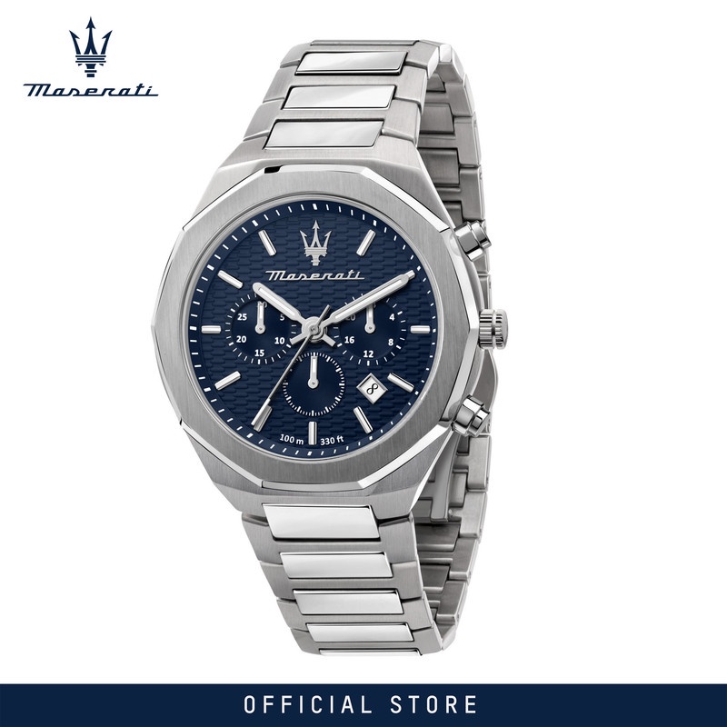 【2 Years Warranty】 Maserati Stile 45mm Blue Dial Men's Chronograph Quartz นาฬิกาข้อมือ R8873642006 With Luminous Dial Hands
