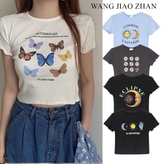 WANG JIAO ZHAN เสื้อยืดแขนสั้นพิมพ์ลายอินเทรนด์สำหรับผู้หญิง