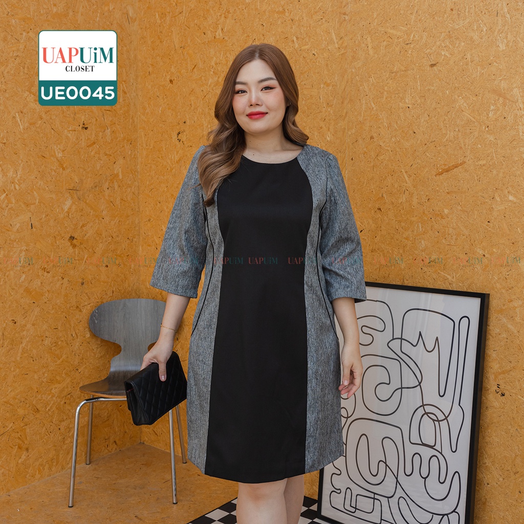 (UE0045) ชุดเดรส สาวอวบ เดรสทูโทน มีซับใน มีซิปด้านหลัง _x000D_ ช่วงแขนยาวประมาณ 3 ส่วน ใส่แล้วดูเพรียว
