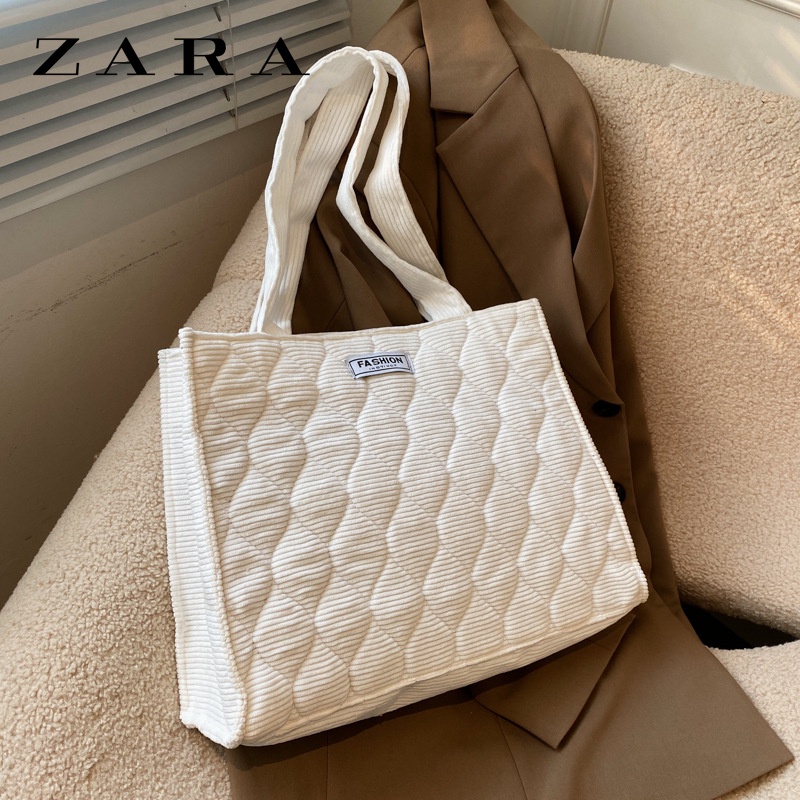 Zara sense กระเป๋าสะพายไหล่ ผ้าลูกฟูก ทรงโท้ท เรียบง่าย เป็นที่นิยม สําหรับสตรี