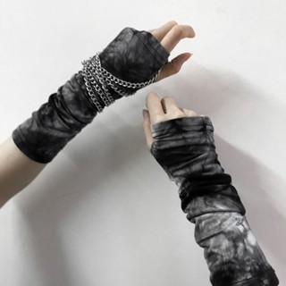 ☾☫Punk dark black Yamamoto half-finger cuff female ins tide tie-dye ninja gloves ice sleeve sun protection hand male arm