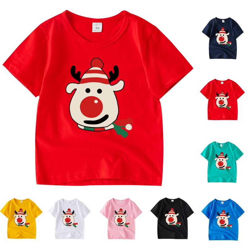 พร้อมส่ง เสื้อยืดแขนสั้น คอกลม ผ้าฝ้าย 100% ลายการ์ตูนคริสต์มาส 8 สี สําหรับเด็ก GA003