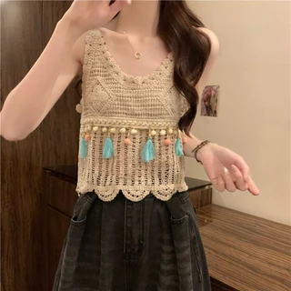 Vogue🌟พร้อมส่ง🌟 เสื้อสายเดี่ยวถักไหมพรม สไตล์โบฮีเมี่ยน (CX0006) -C