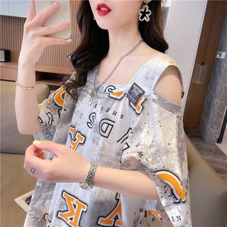 shein thailand เสื้อยืดแขนสั้นผ้าฝ้ายแท้สำหรับผู้หญิงชุดฤดูร้อนสไตล์เกาหลีหลวมไซส์ใหญ่ความยาวปานกลางออกแบบเฉพาะกลุ่มผ้ามัดย้อมเปิดไหล่