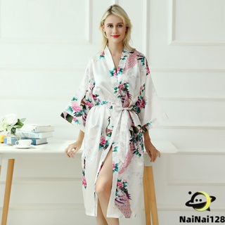 👍เสื้อคลุมชุดนอน ชนิดผ้าซาติน พิมพ์ลายลายดอกไม้ นกยูง สำหรับผู้หญิง Pajama robe【NaiNai 128】